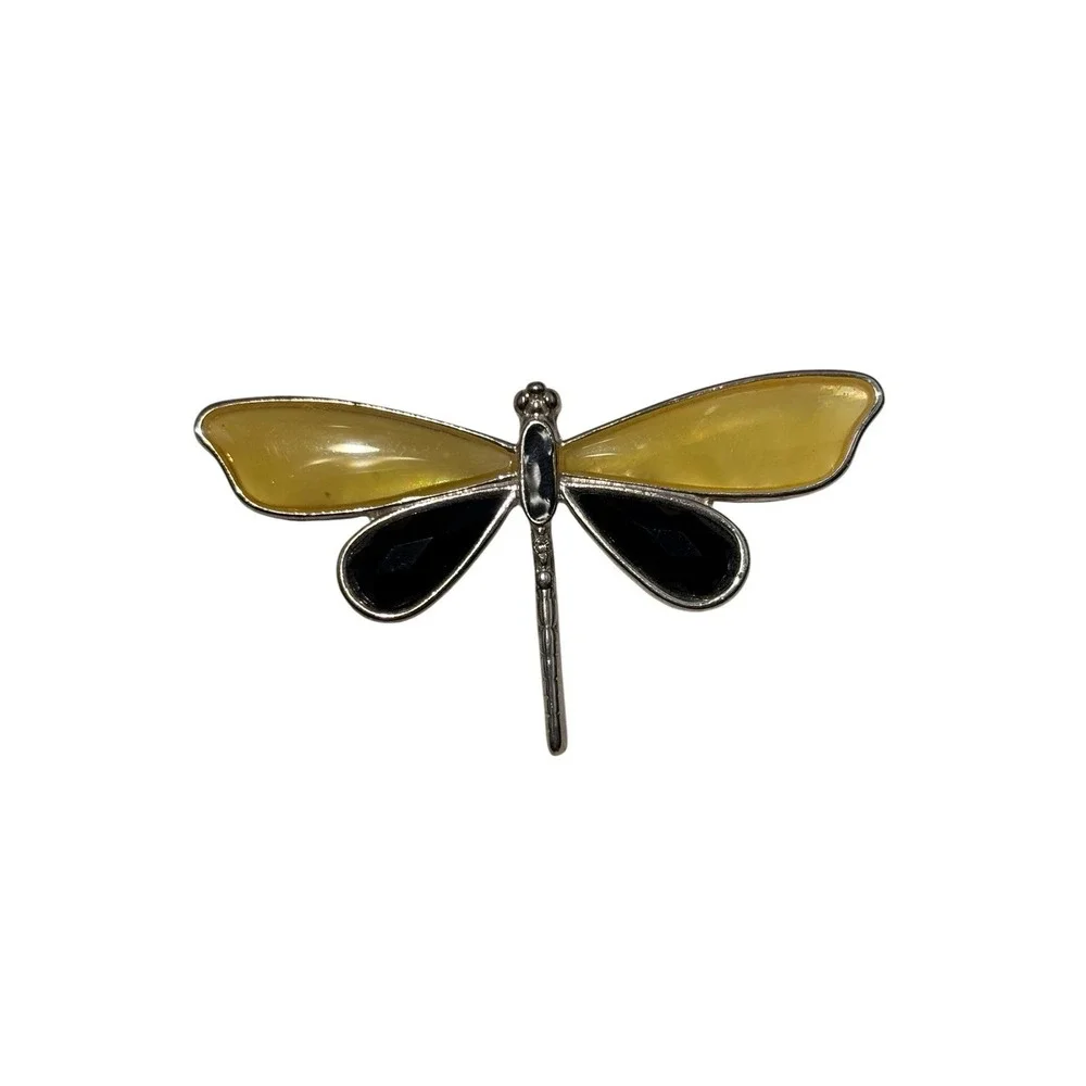 Vintage Silver Tone Rhinestone Glossy Yellow Black Dragonfly Insect Brooch Pin